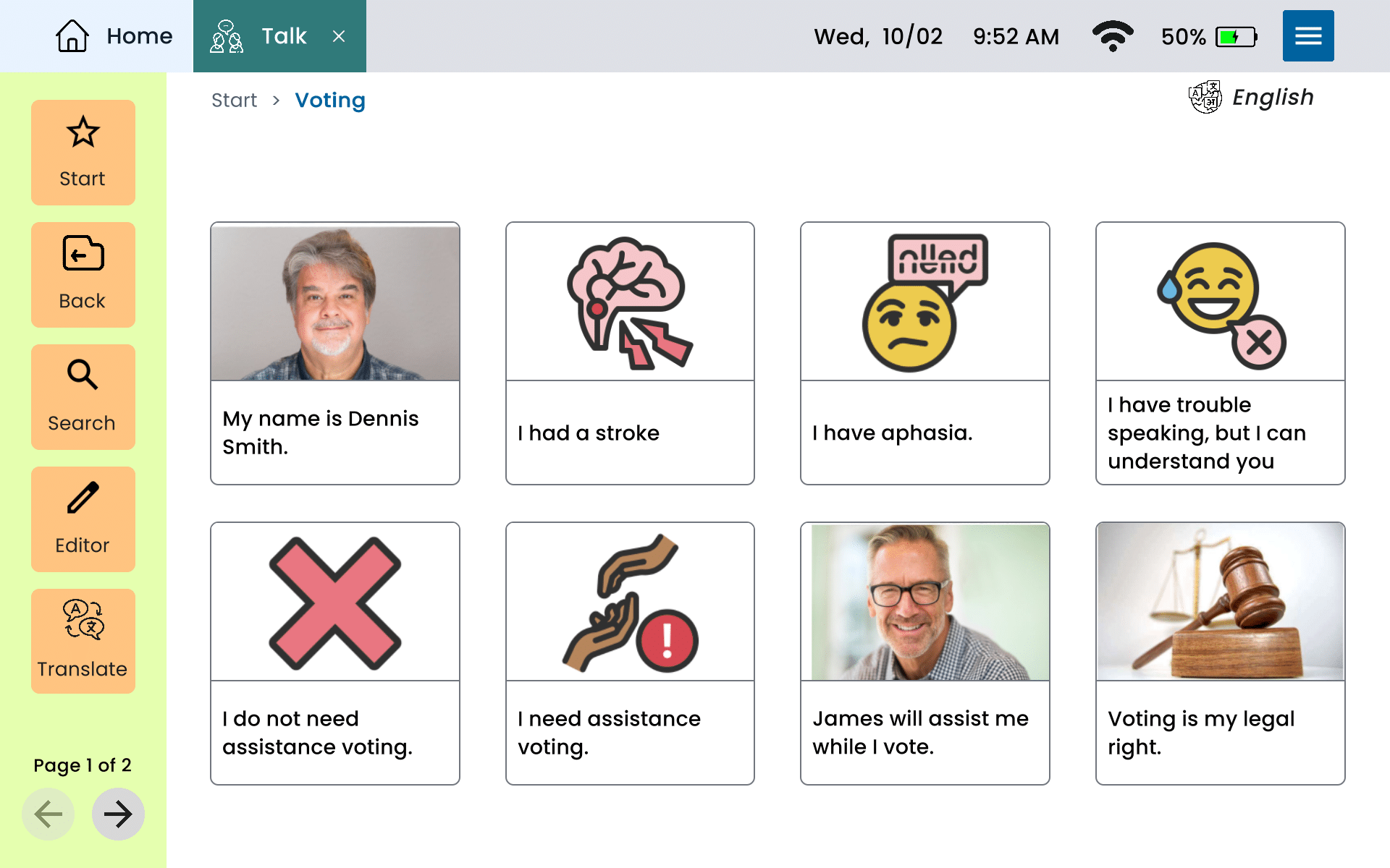 Lingraphica AAC device customized page for voting
