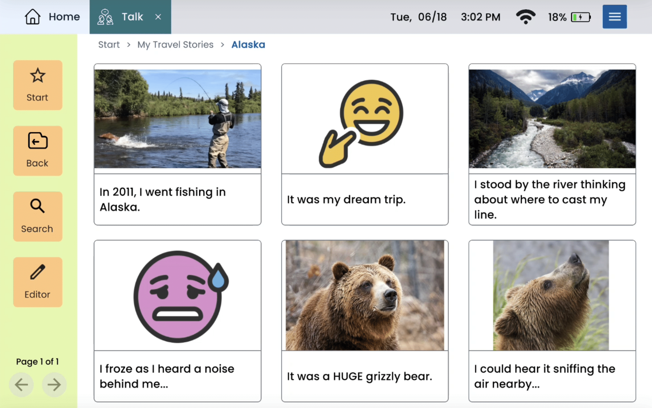 Screenshot of Bruce's AAC device showing his Alaska travel stories with images and captions about fishing and grizzly bears.