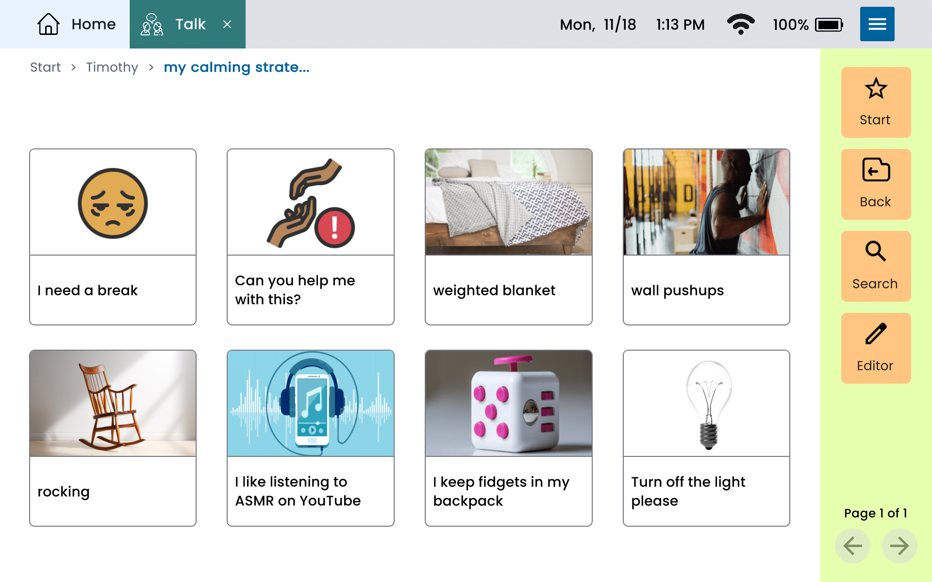 A screenshot of a Lingraphica AAC device displaying a boy’s page of “calming strategies.” He shares messages like “Can you help me with this?” and “I need a break.” This page helps him advocate for his needs during moments of overstimulation.