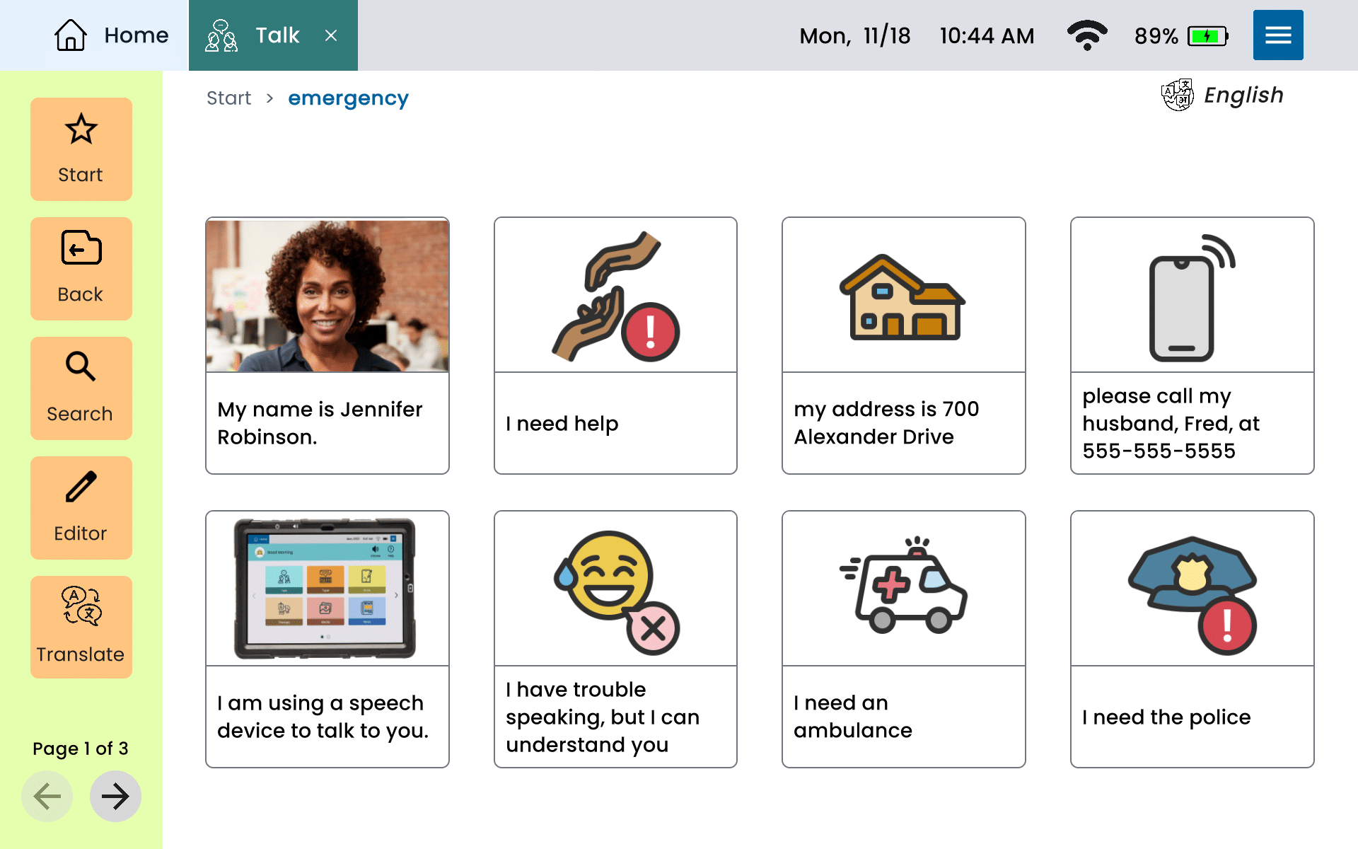 A screenshot of a Lingraphica AAC device displaying a woman’s emergency information. This is a page for paramedics to access. The AAC device shares the woman’s name, address, and emergency contact information.