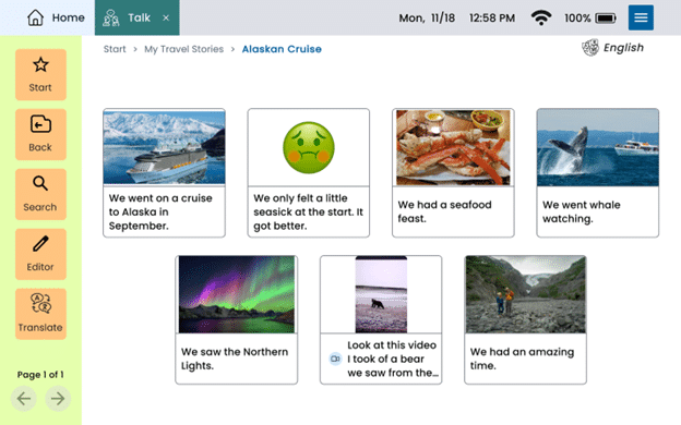 A screenshot of a Lingraphica AAC device displaying a man’s story about an Alaskan cruise. He shares messages like “We saw the Northern Lights” and “We had a seafood feast.” Each message has a realistic photo to match.